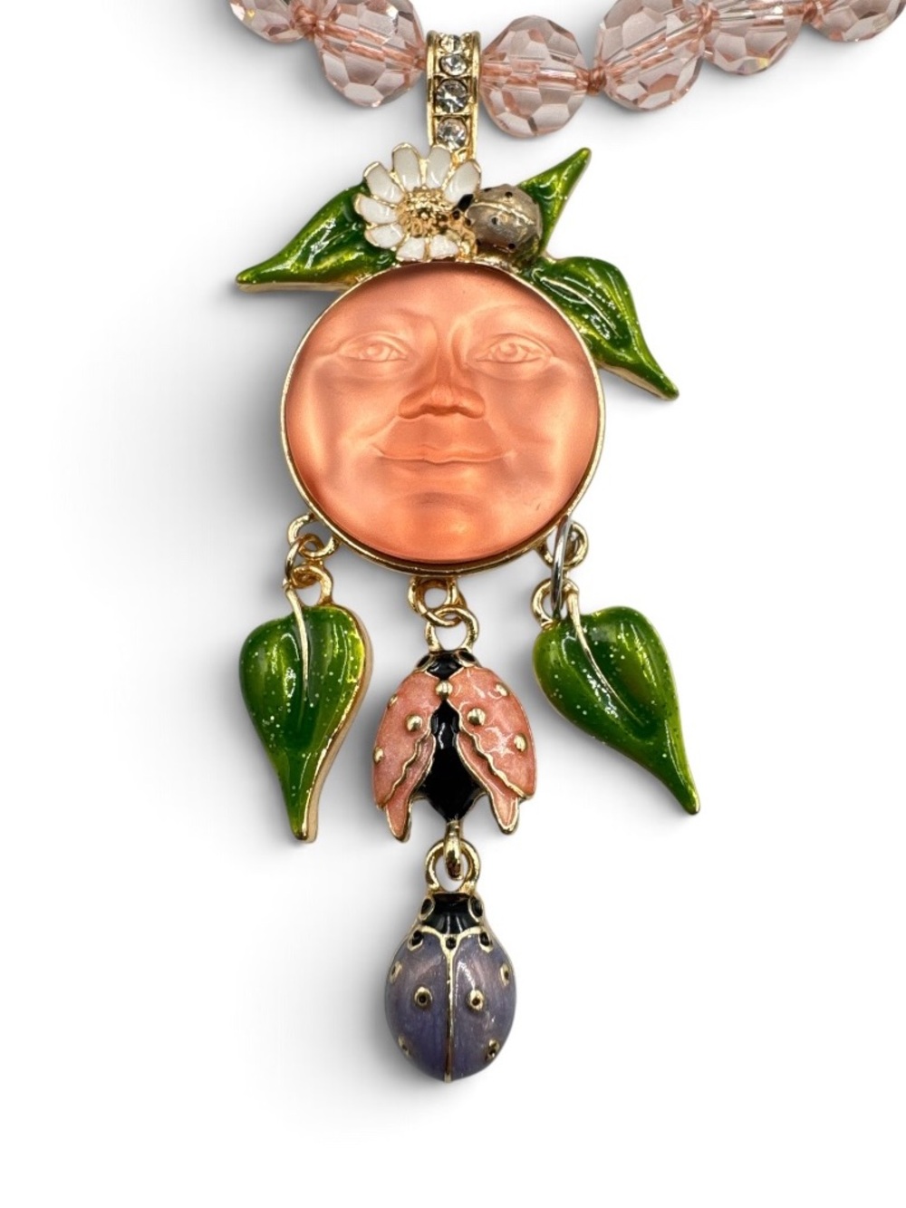 Vintage Y2K Kirk’s Folly Moon Face Ladybug Enamel Crystal Pendant Necklace - Picture 4 of 9